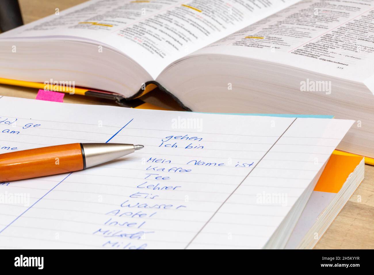 Immagine simbolo dell'insegnamento della lingua straniera: Vocabolario scritto accanto a un dizionario Foto Stock