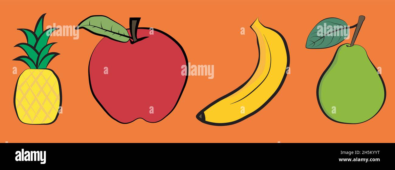 Illustrazione vettoriale di un ananas, mela, banana e pera (ananas comosus, Malus domestica, Musa x paradisiaca, Pyrus communis) con un backgr arancione Illustrazione Vettoriale