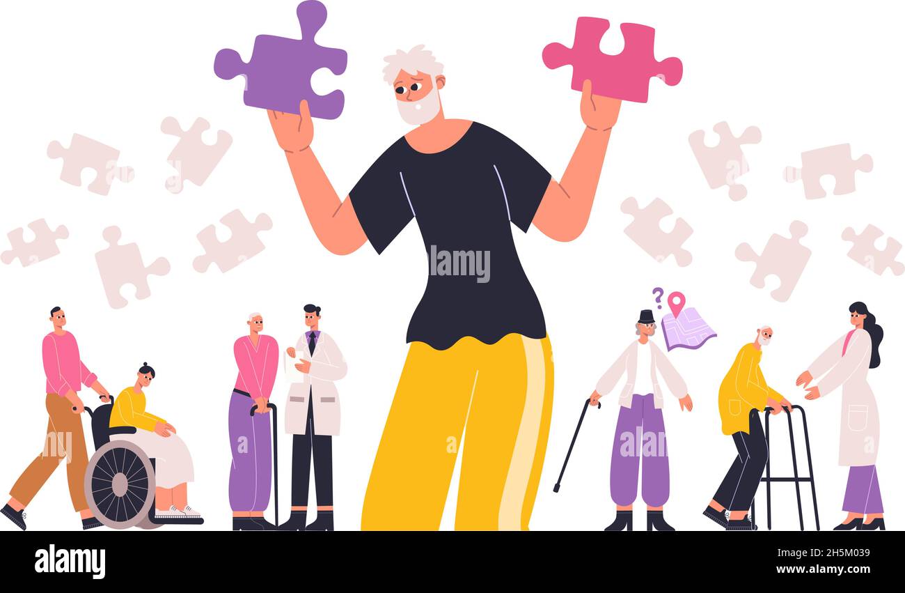 Alzheimer, demenza cervello malattia sintomi concetto. Paziente anziano con perdita di memoria e sintomi di disorientamento illustrazione piatta vettoriale. Demenza Illustrazione Vettoriale