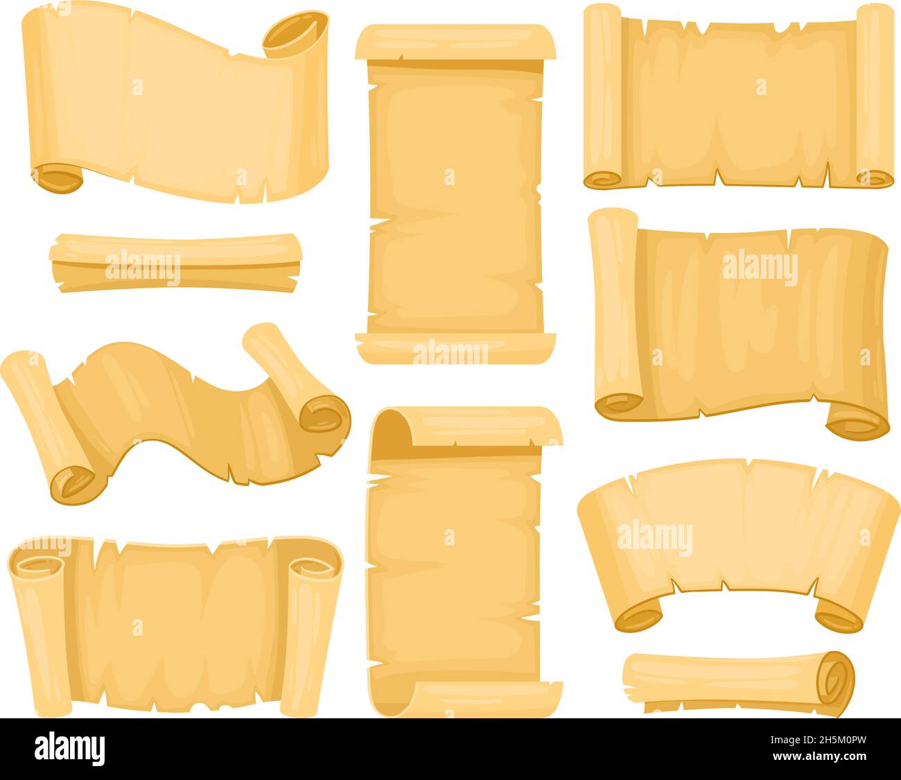 Cartoon papiro rotolo, carta vintage manoscritto rotoli. Vecchio rotolo di carta pergamena antica, certificato, documento di storia o illustrazione vettoriale della mappa Illustrazione Vettoriale