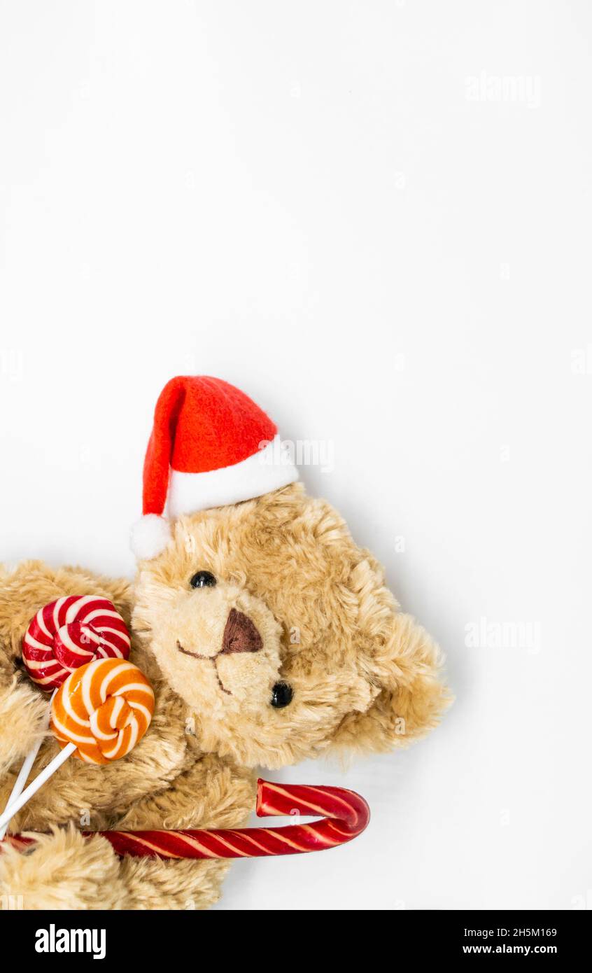 Foto verticale con peluche giocattolo peluche in un cappello rosso di Babbo Natale su un orecchio, che tiene la canna da caramello e due lollipops a strisce nelle sue zampe. Retro bianco Foto Stock