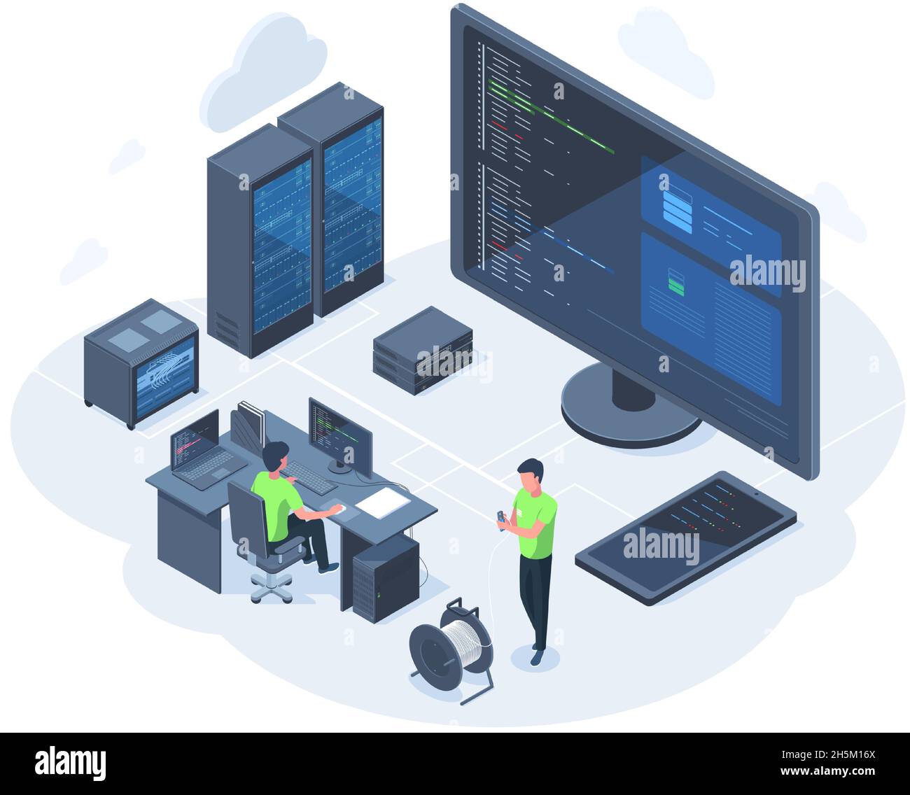 Web hosting 3D isometrico, concetto di server di rete di database. Illustrazione vettoriale dei tecnici dei server con tecnologia di rete cloud. Manutenzione delle apparecchiature server Illustrazione Vettoriale