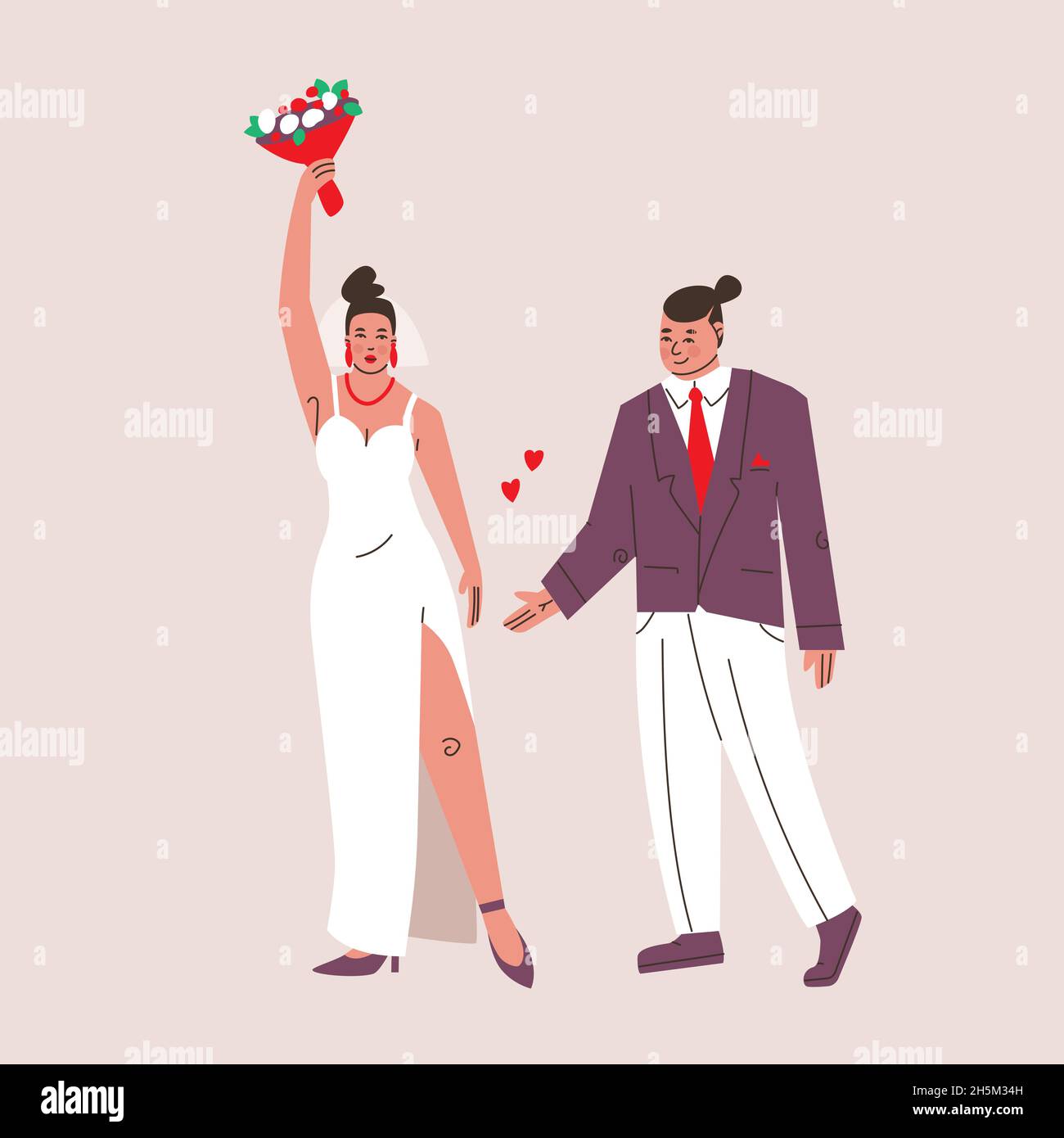 Matrimonio di giovani uomini e donne. Sposi e sposi in abiti da sposa e fiori, anniversario di matrimonio. Simpatico vettore isolato illustrazioni. Illustrazione Vettoriale