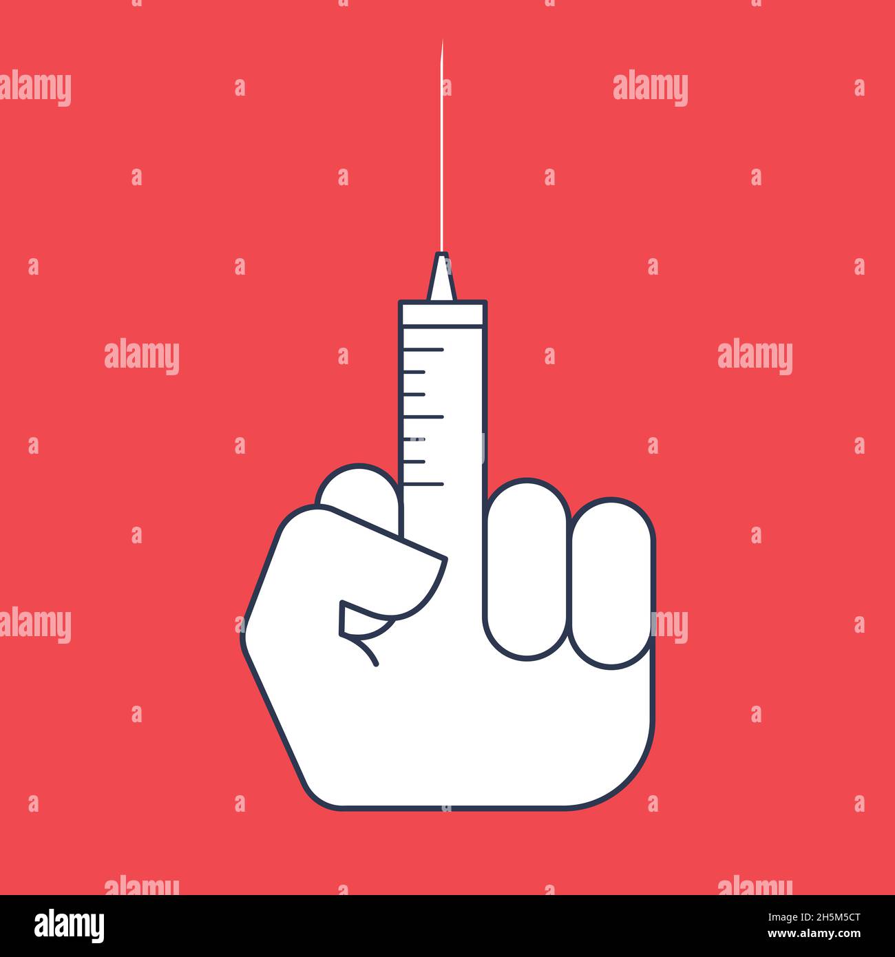 Illusrazione concettuale del rifiuto della vaccinazione. Dito centrale a forma di siringa. Foto Stock