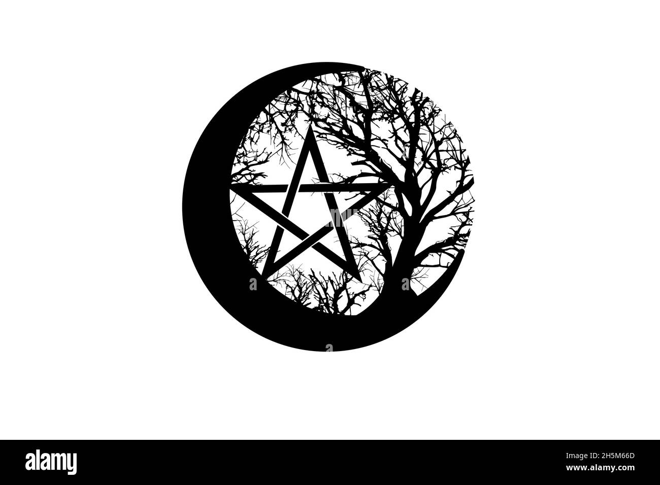 Luna mistica, albero della vita e pentacolo di Wicca. Geometria sacra. Logo, Crescent moon, Half moon pagan Wiccan divinità simbolo, energia cerchio, tatuaggio Illustrazione Vettoriale