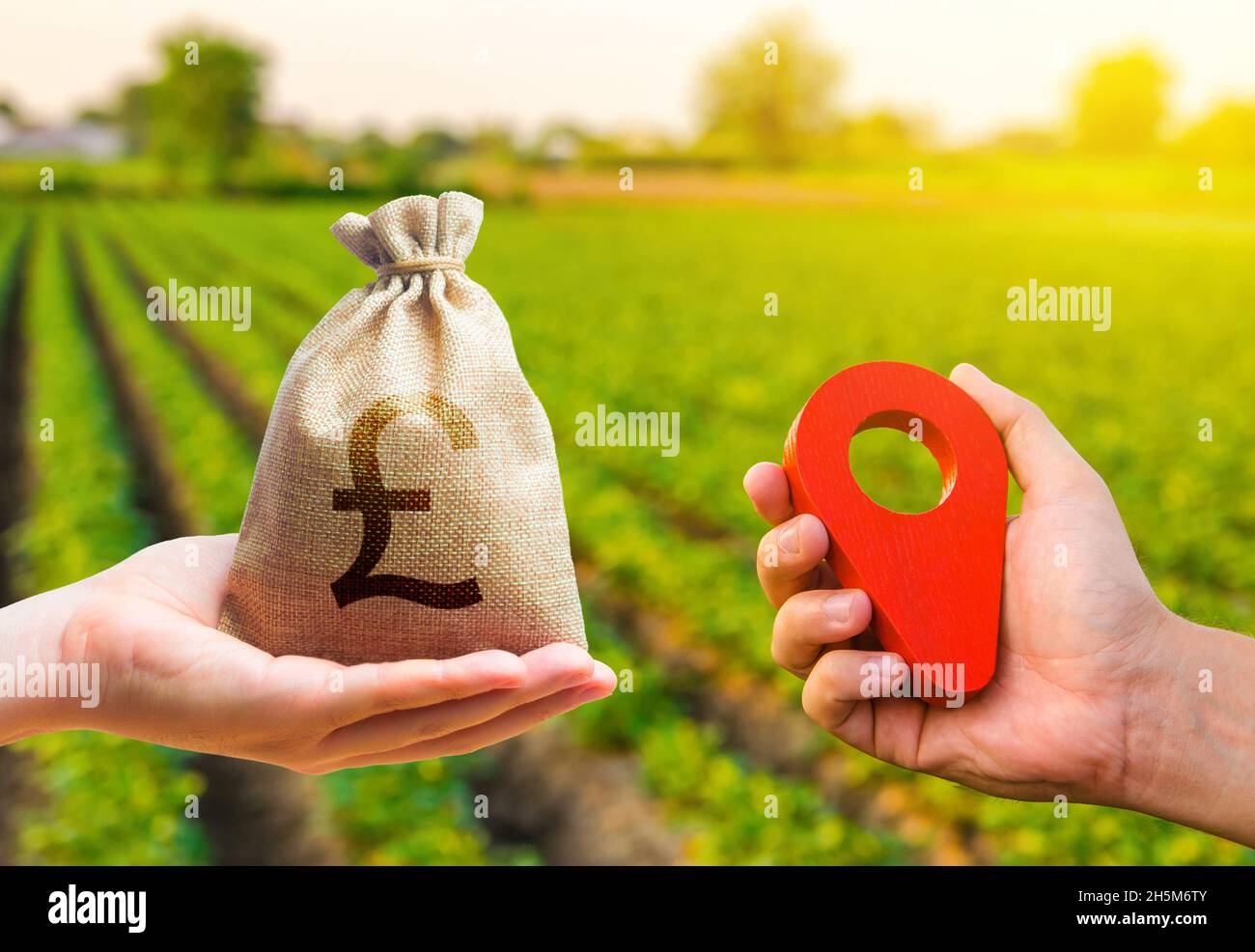Mani con la spina di posizione e la libbra britannica sacchetto di soldi di sterlina. Mercato terrestre. Stima del costo dei grafici. Agricoltura agroalimentare. Acquisto e vendita di terreni Foto Stock