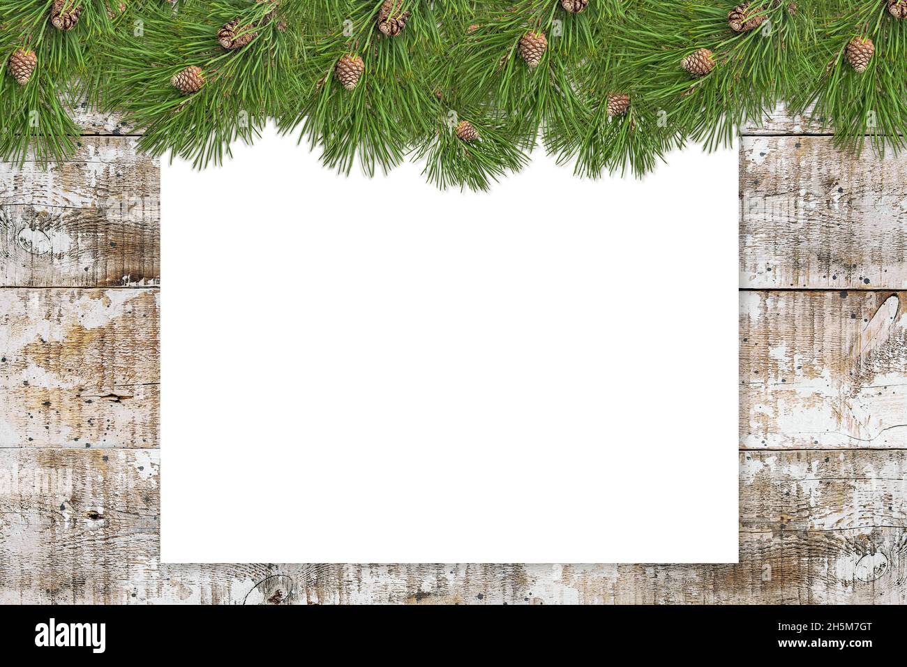 Carta bianca banner mock up con decorazione albero di Natale Foto Stock