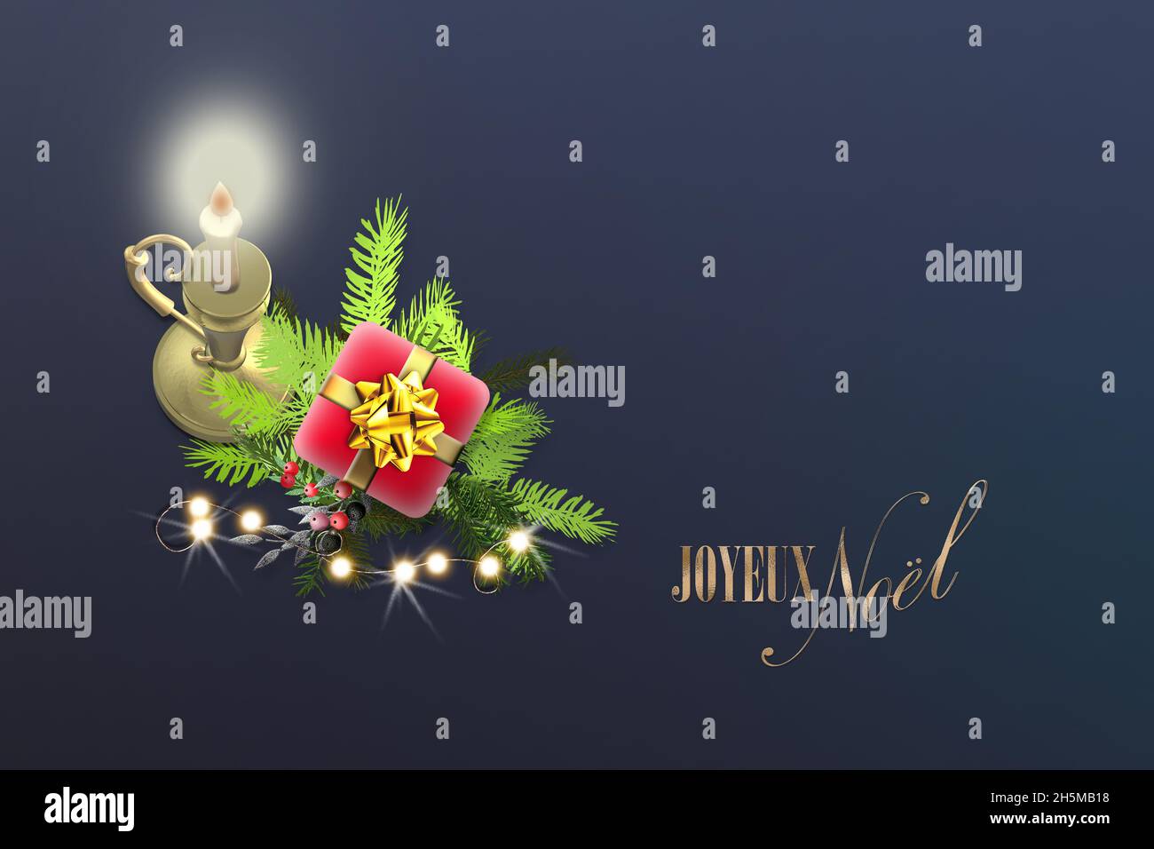 Natale nuovo anno design testo dorato Joyeux Noel traduzione inglese Buon  Natale. Candela, rosso Xmas scatola regalo arco dorato, pino abete chiaro  rami su blu scuro. Vista dall'alto, posizione per il testo.
