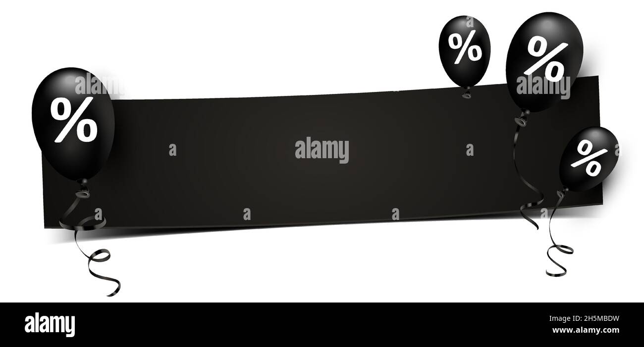 Banner nero con palloncini volanti e segno percentuale Illustrazione Vettoriale