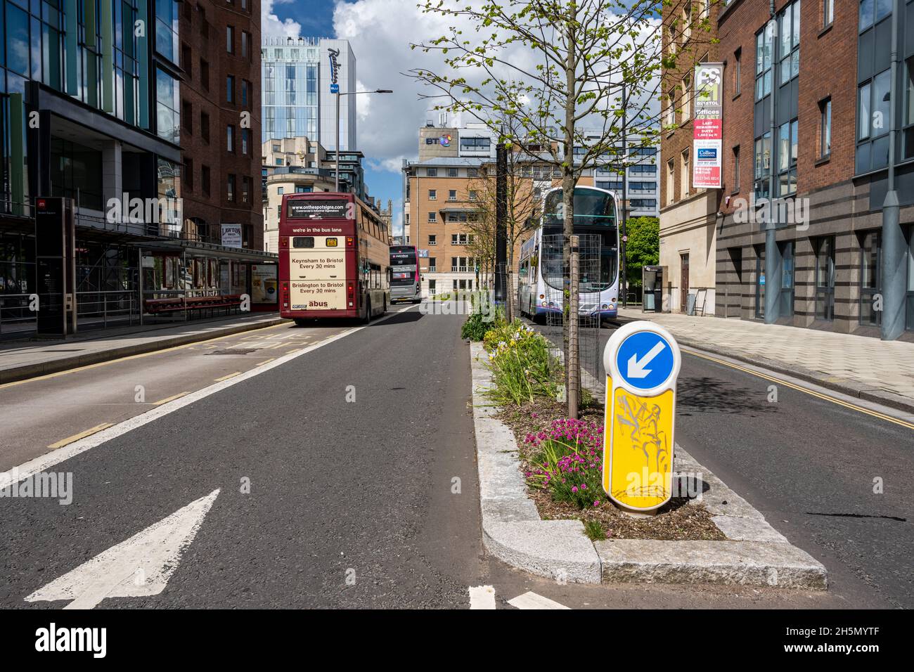 Alberi e fiori di strada appena piantati riempiono un'isola tranquilla traffico su una strada principale di autobus nel centro di Bristol. Foto Stock