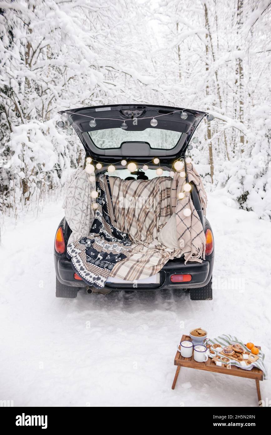 Picnic invernale allestitoci in auto. Picnic sulla Foresta della neve. Storia d'amore nella natura Foto Stock