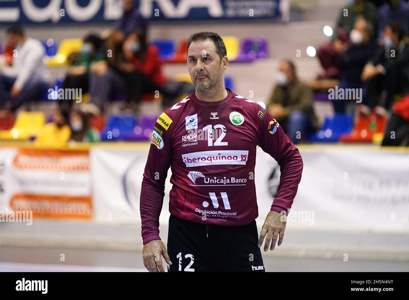 Antequera, Spagna. 10 novembre 2021. Diego Moyano ha visto durante la partita Liga Sacyr Asobal tra Balonmano Balonmano Iberoquinoa Antequera e BM Benidorm a Pabellon Fernando Argüelles in Antequera.(Punteggio finale; Balonmano Balonmano Iberoquinoa Antequera 23:27 BM Benidorm) Credit: SOPA Images Limited/Alamy Live News Foto Stock