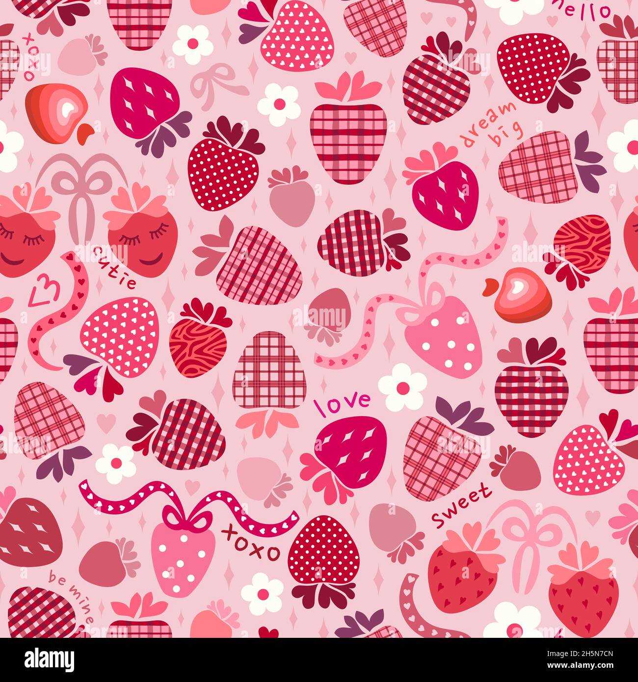 Plaid e polka puntini fragole, cuori classici rosa e rossi, fiori, nastri San Valentino kitsch. Testo amore, xoxo, essere mio, dolce, cutie, ciao Illustrazione Vettoriale