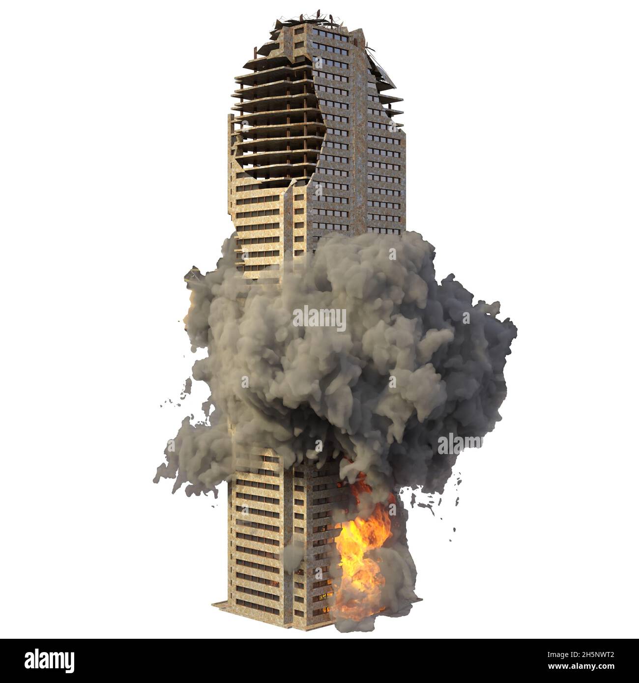 Illustrazione 3D rovinato edificio in fiamme isolate su bianco Foto Stock