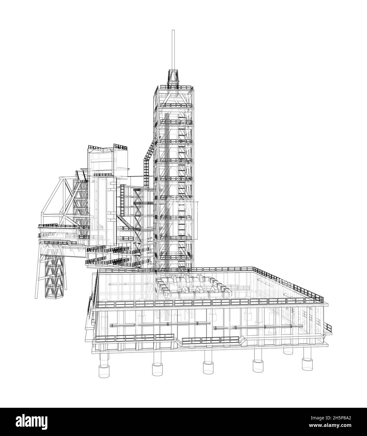Lancia il pad con il razzo spaziale. Vettore Illustrazione Vettoriale