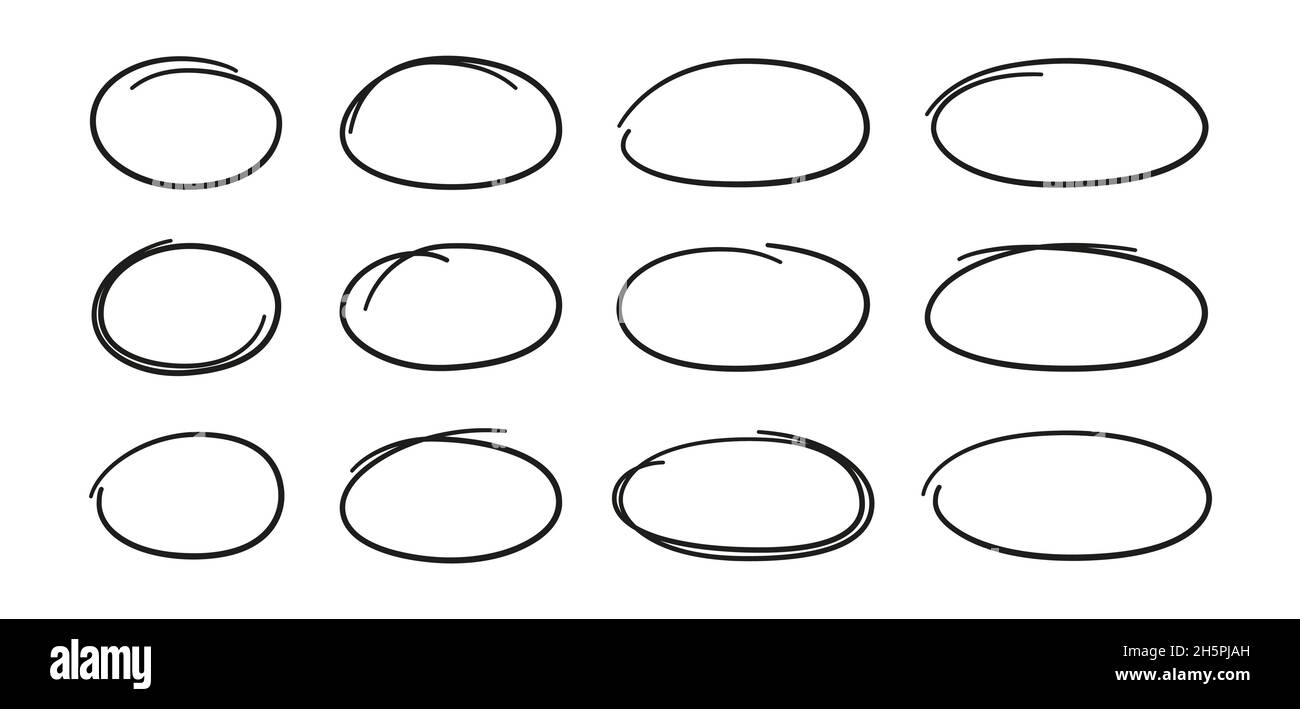 Set ovali disegnati a mano. Ovali di diverse larghezze. Evidenziare i riquadri dei cerchi. Ellissi in stile doodle. Set di illustrazioni vettoriali isolate su bianco Illustrazione Vettoriale