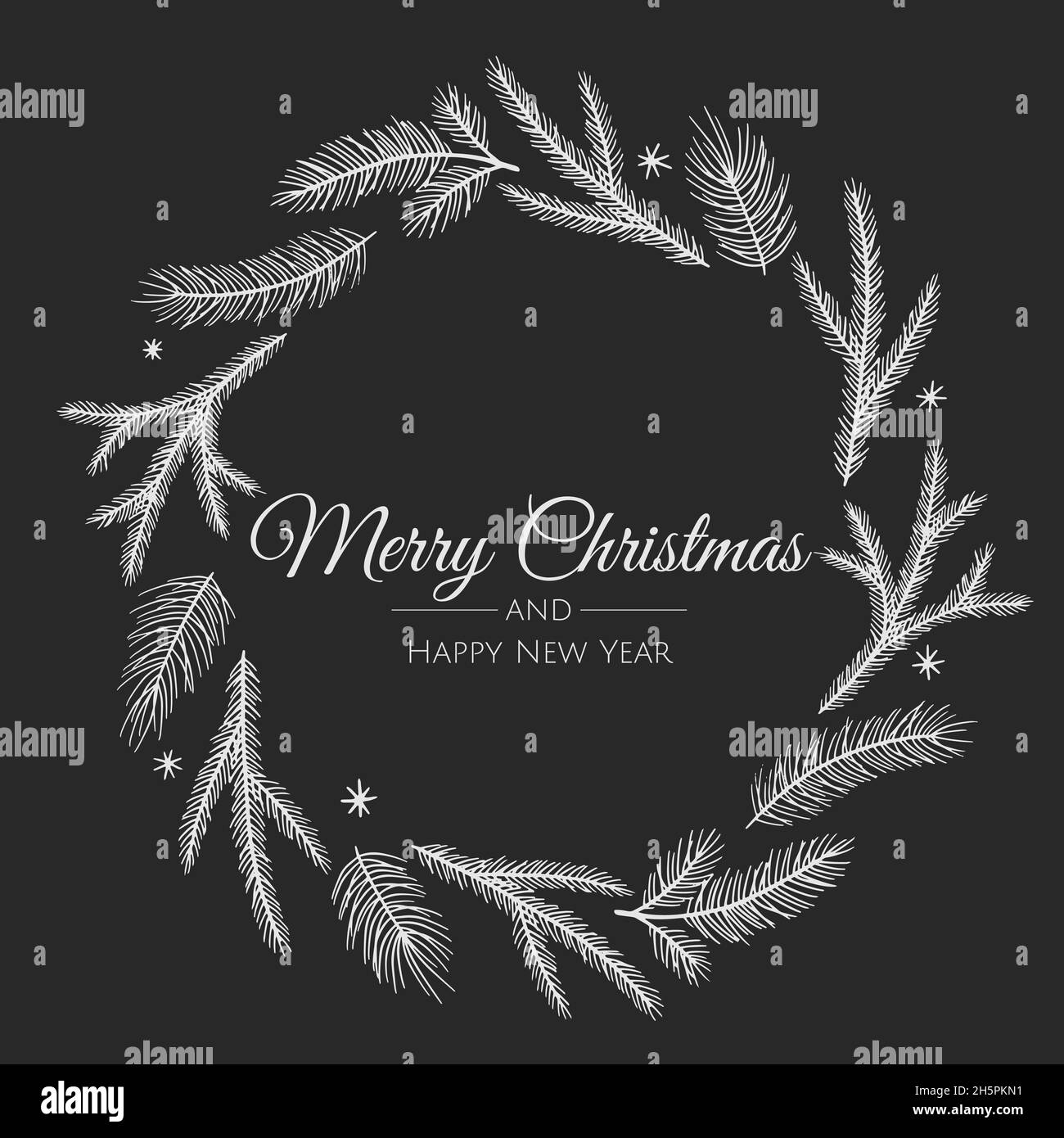 Buon Natale e Capodanno Card con corona di Pino, Mistletoe, disegno piante invernali illustrazione per saluti, invito, volantino, brochure. Illustrazione Vettoriale