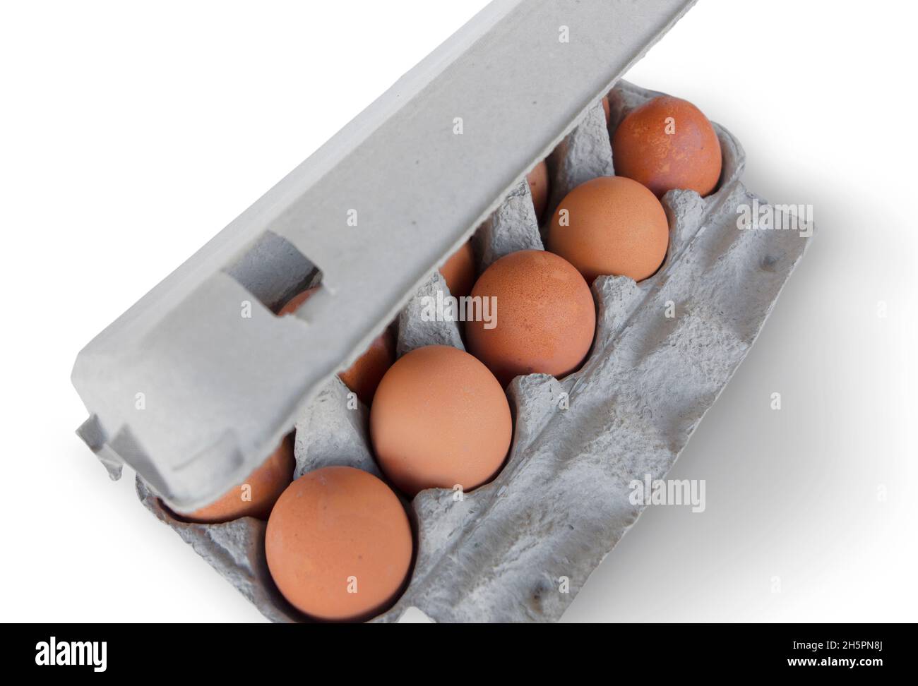 Dieci uova marroni su scatola di cartone isolato su sfondo bianco Foto Stock