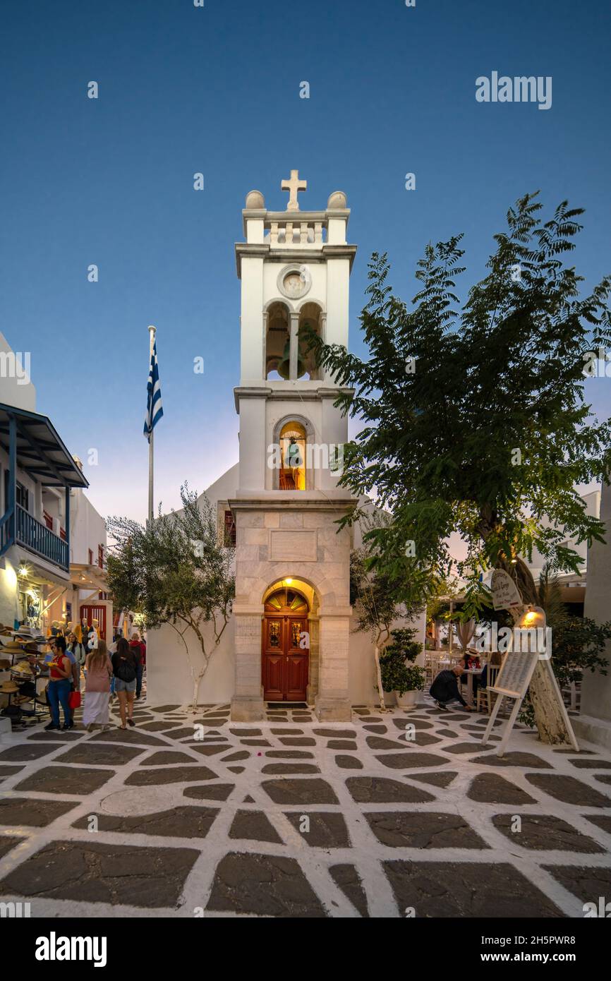 Chiesa cattolica a Mykonos, Isole greche. Foto Stock