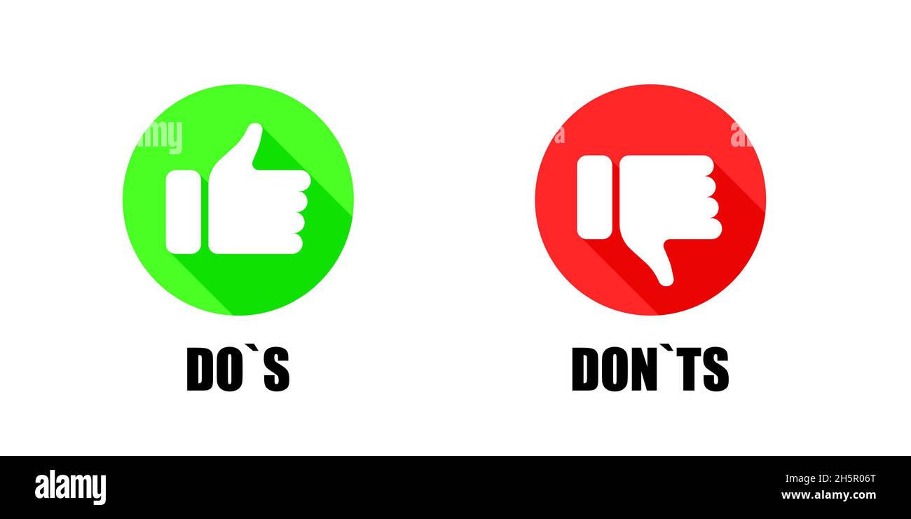 Pollice su e giù icona collezione, rosso e verde piatto dos e dons come e a differenza di sì e nessun vettore simbolo illustrazione isolata. Illustrazione Vettoriale