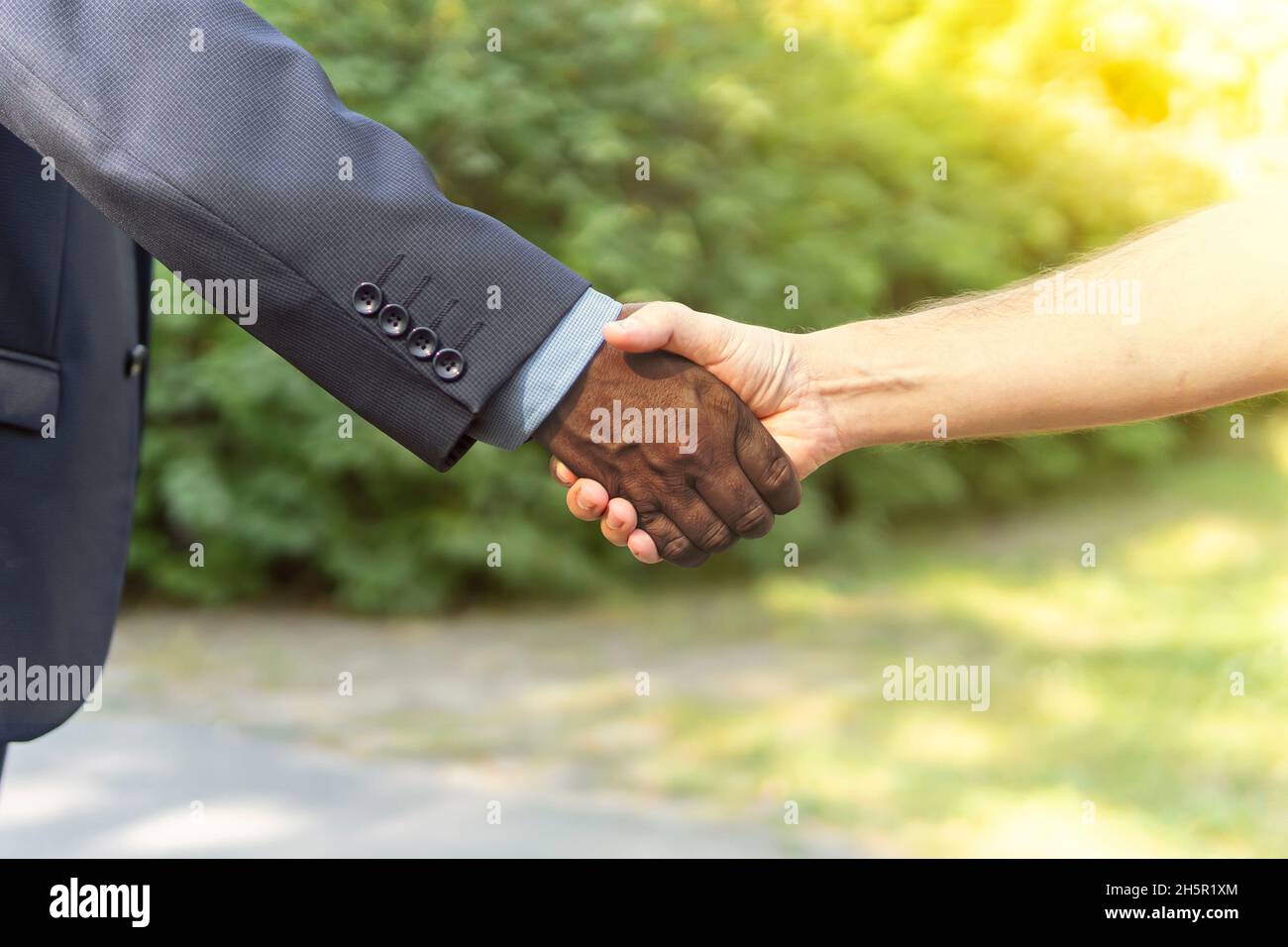 Le persone che chiudono una trattativa. Stretta di afroamericano in causa e un uomo caucasico. Cooperazione. Commercio internazionale. Multiculturalismo. Riunione. Foto Stock