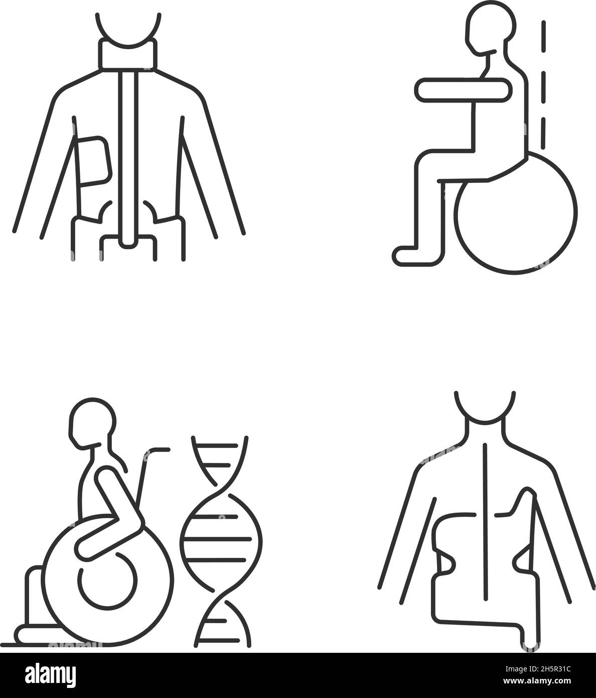 Metodi di prevenzione della scoliosi icone lineari impostate Illustrazione Vettoriale