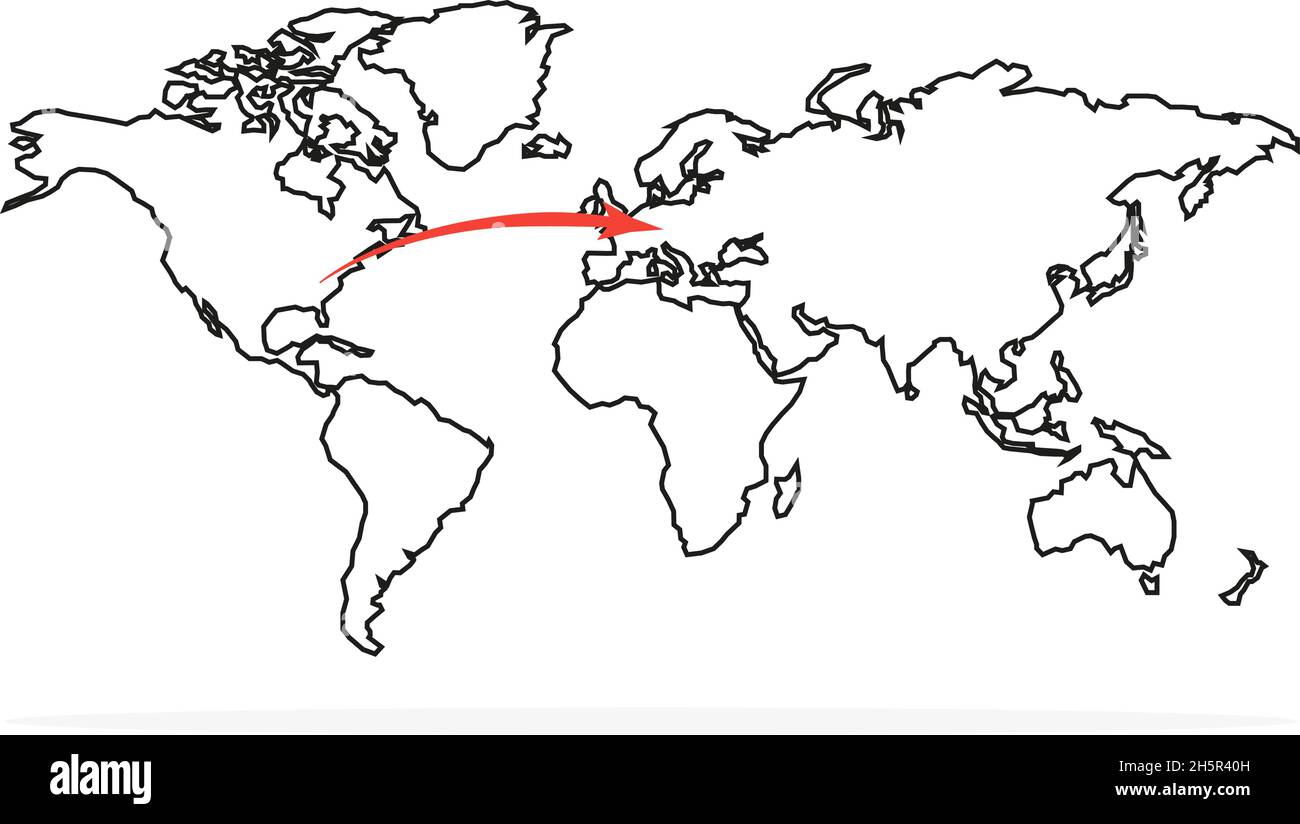 mappa del mondo con freccia del percorso del volo, illustrazione vettoriale Illustrazione Vettoriale