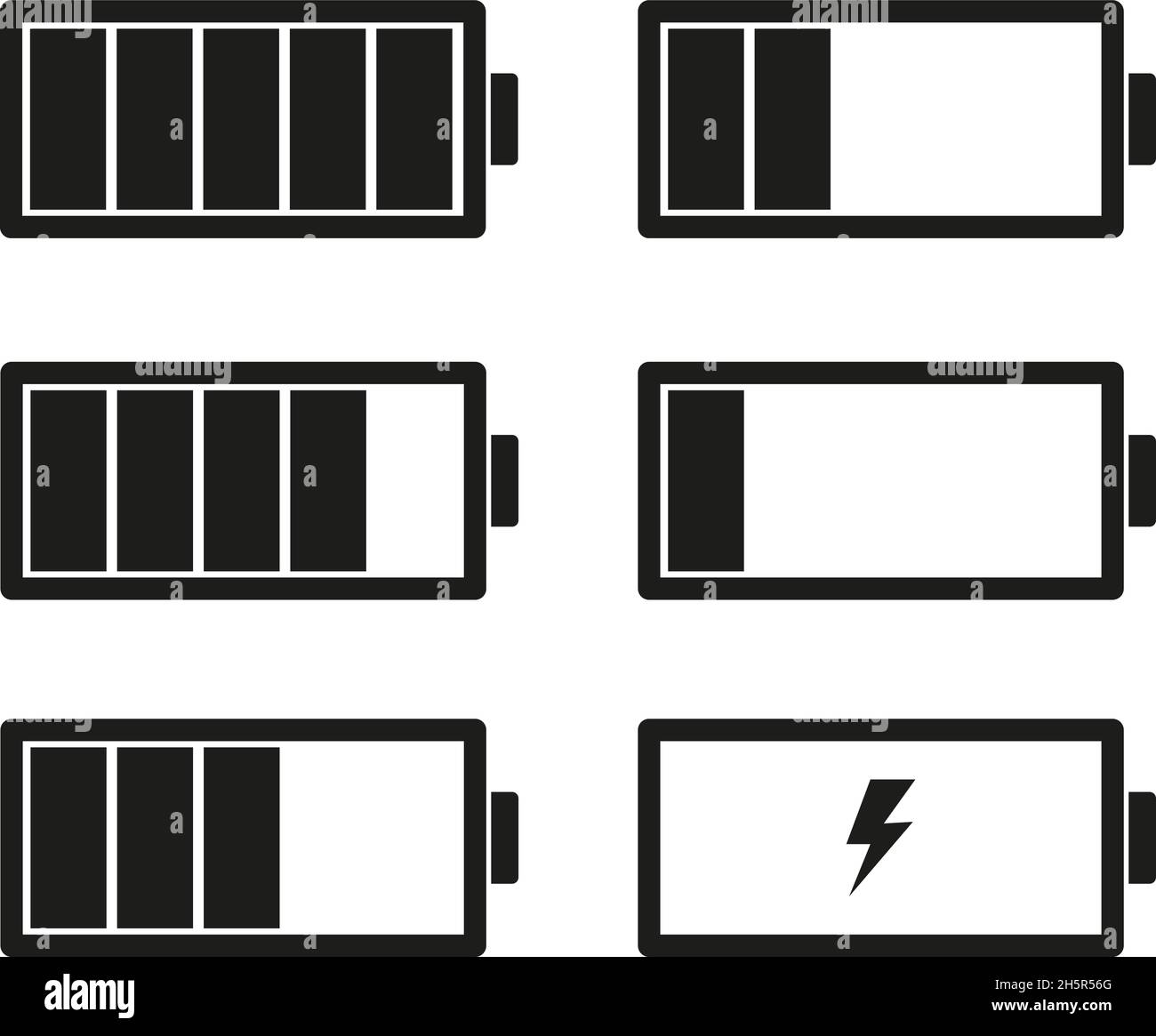 icone in bianco e nero livelli di carica della batteria, vettore Illustrazione Vettoriale