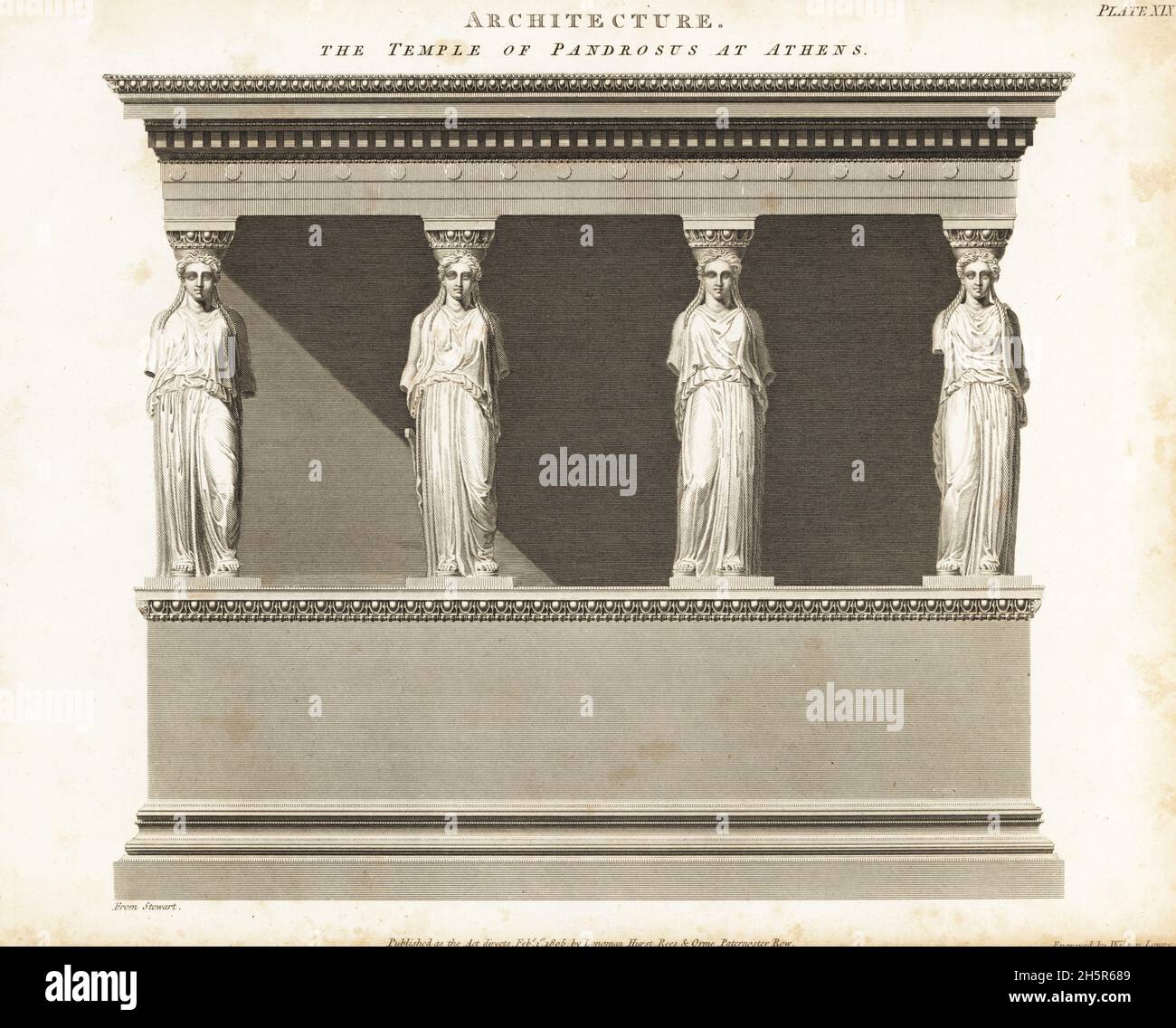 Elevazione del Tempio di Pandrosus ad Atene, Grecia. Tempio di Pandroseion dedicato a Pandrosus, una delle figlie di Cecrops i, il primo re di Attica. Colonne ornate con cariatidi. Illustrazione originale di H.W. Williams per le antichità di Atene di James Athenian Stuart, 1789. Incisione copperplate di Wilson Lowry per Abraham Rees' Cyclopedia, Longman, Hurst, Rees and Orme, Londra, 1805.. Foto Stock