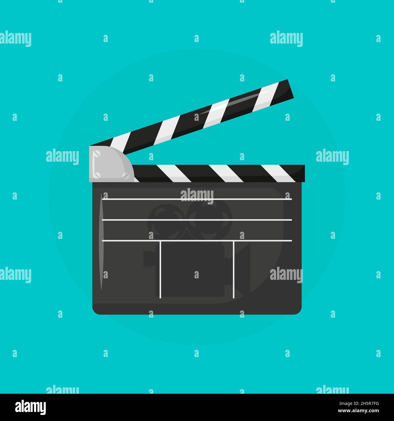 cinema clapper su sfondo blu in stile piatto Illustrazione Vettoriale