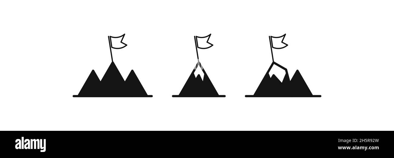 Montagna con bandiera nera piatta icona set, cima con bandiere, succhia simbolo missione su sfondo bianco illustrazione. Illustrazione Vettoriale