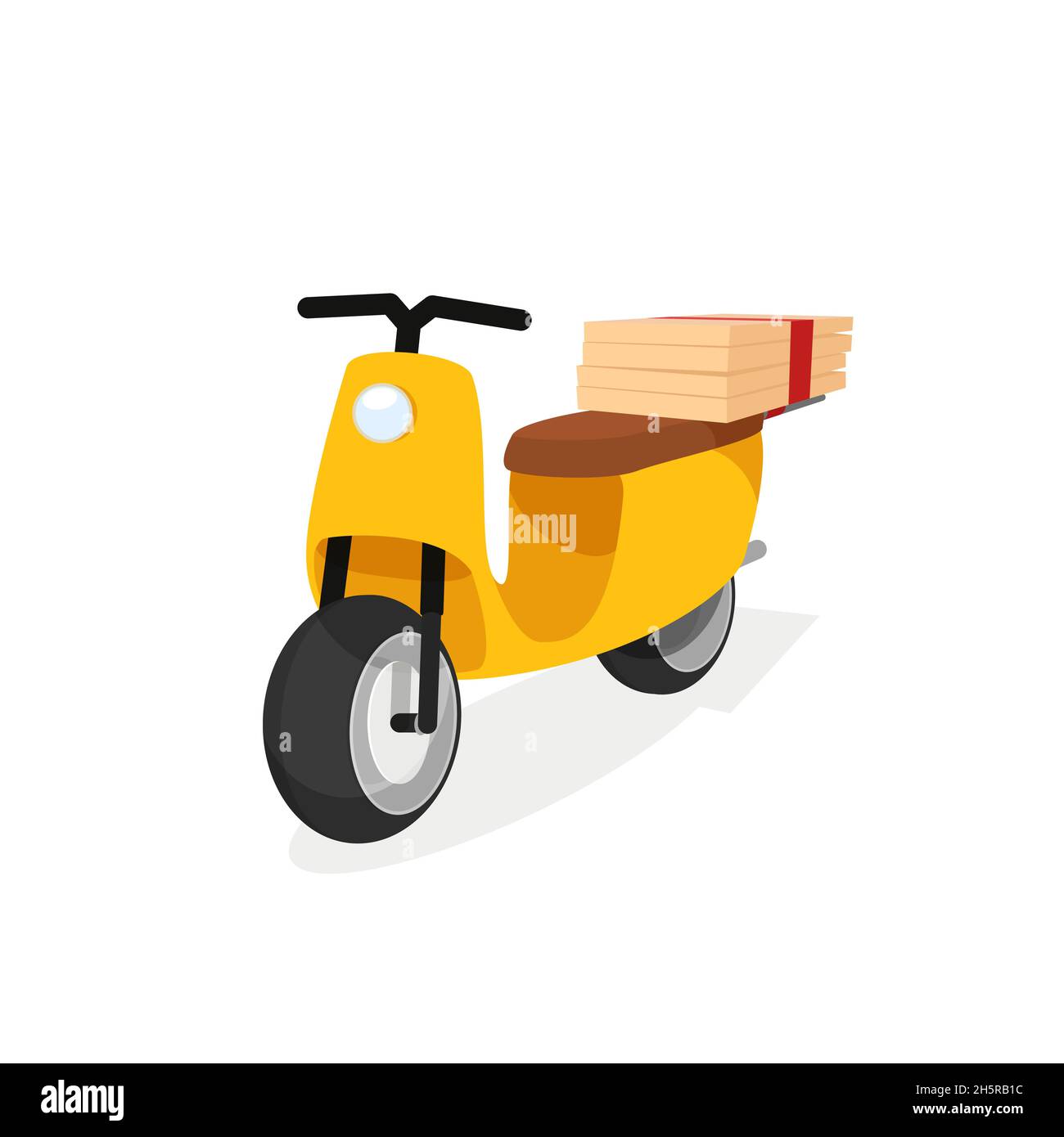 Scooter giallo pizza fast food consegna vettore piatto isolato illustrazione. Illustrazione Vettoriale