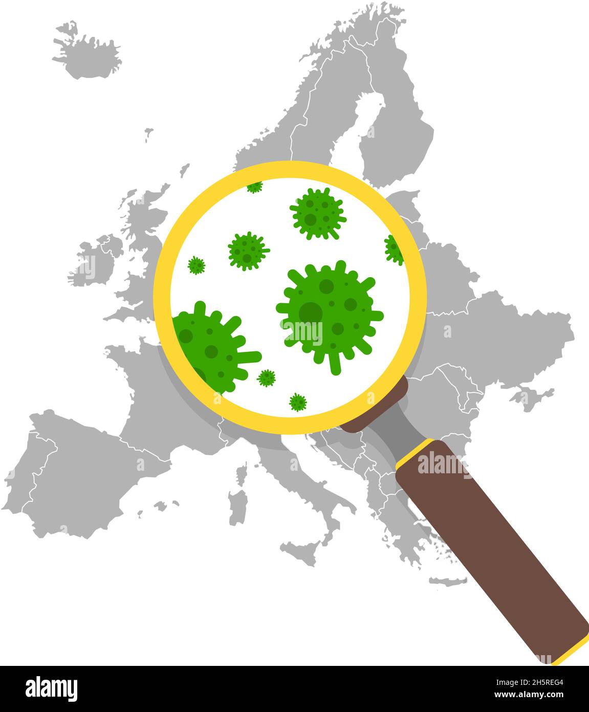 Virus Coronavirus su una mappa d'Europa in una lente d'ingrandimento in stile piatto. Illustrazione vettoriale Illustrazione Vettoriale