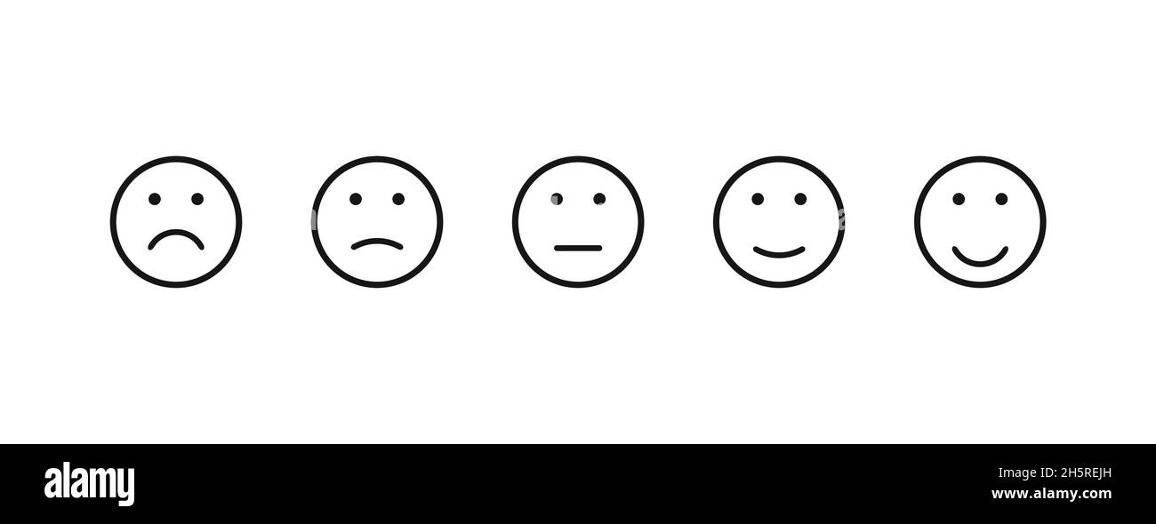 Icone emozioni su sfondo bianco. Icona del controllo di qualità impostata. Faccia vettoriale sorriso. Illustrazione Vettoriale