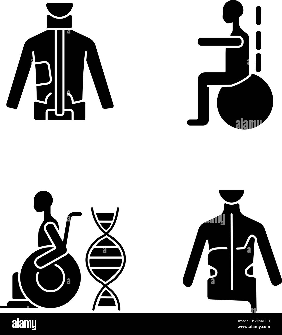 Metodi di prevenzione della scoliosi icone glyph nere impostate sullo spazio bianco Illustrazione Vettoriale