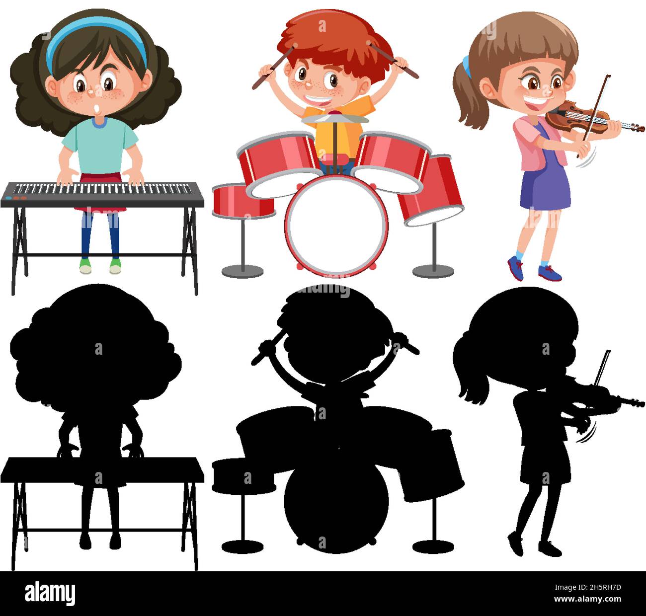Set di diversi bambini che suonano strumenti musicali con illustrazione della silhouette Illustrazione Vettoriale