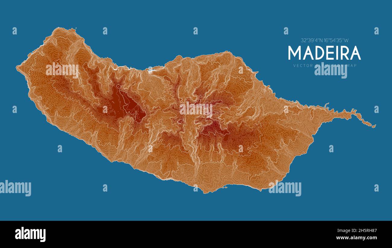 Mappa topografica di Madeira, Portogallo. Mappa dettagliata di elevazione vettoriale dell'isola. Poster geografico elegante con contorno paesaggistico. Illustrazione Vettoriale