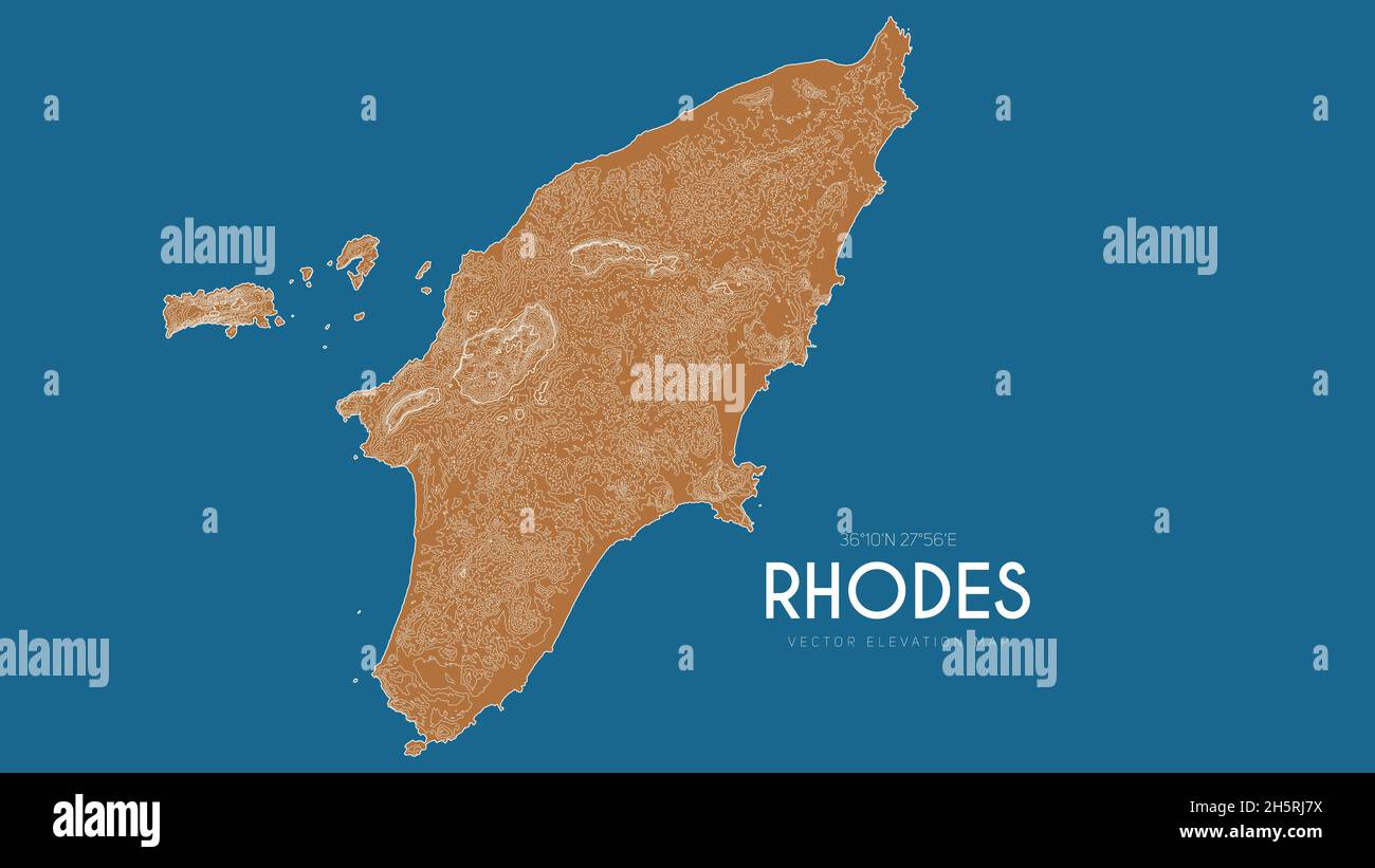 Mappa topografica di Rodi, Grecia. Mappa dettagliata di elevazione vettoriale dell'isola. Poster geografico elegante con contorno paesaggistico. Illustrazione Vettoriale