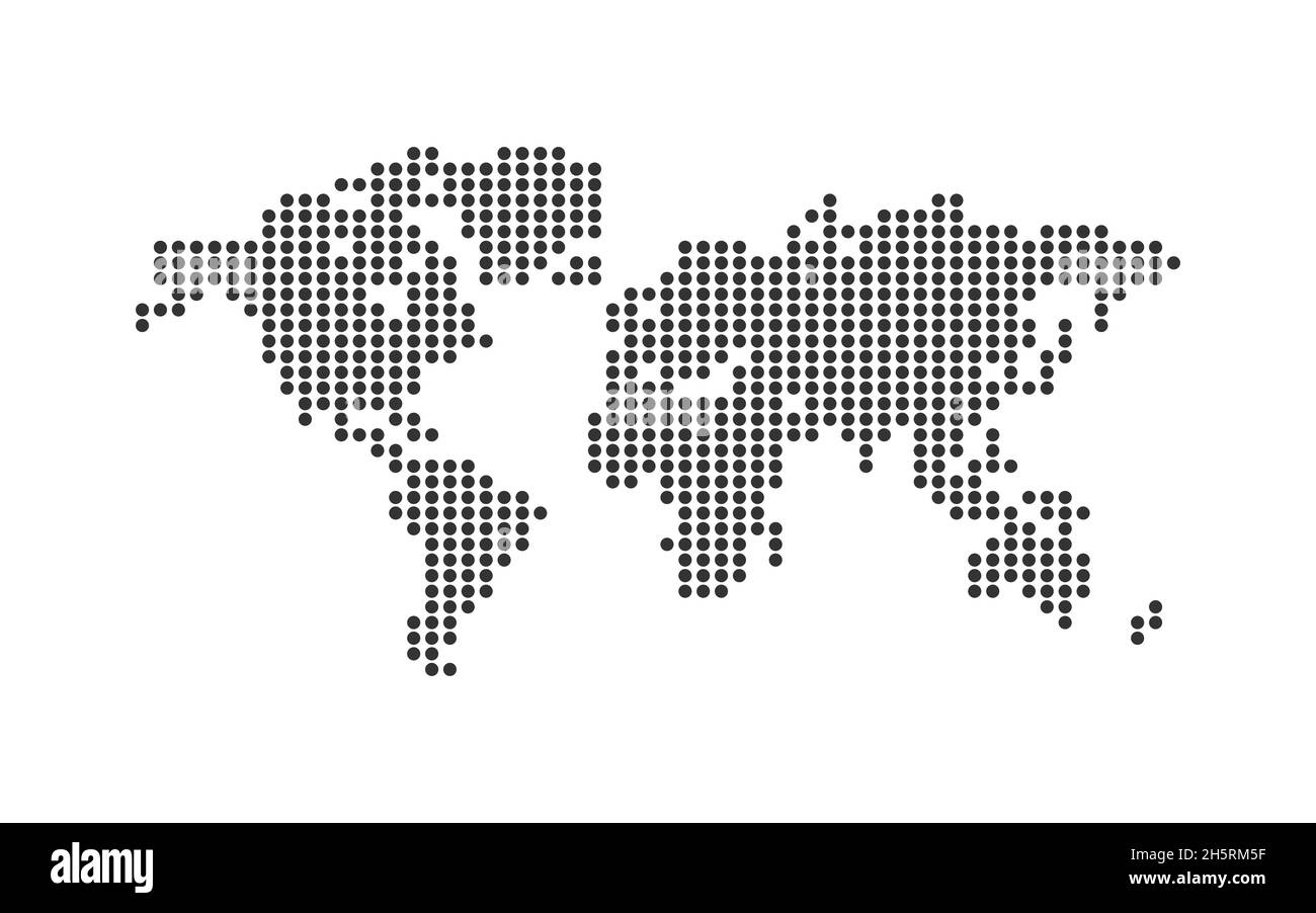 Mappa del mondo punti semplice vettore piatto. Sfondo nero astratto. Illustrazione Vettoriale