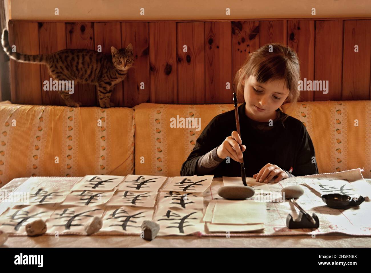 BLATNO, REPUBBLICA CECA - CIRCA OTTOBRE 2021: Una bambina pratica scrivere calligrafia e un gattino tabby la sta guardando. Foto Stock