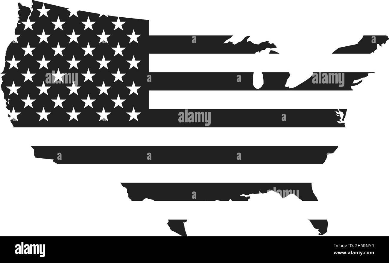 Icona nera della bandiera USA e della mappa. Semplice illustrazione vettoriale in stile piatto. Illustrazione Vettoriale