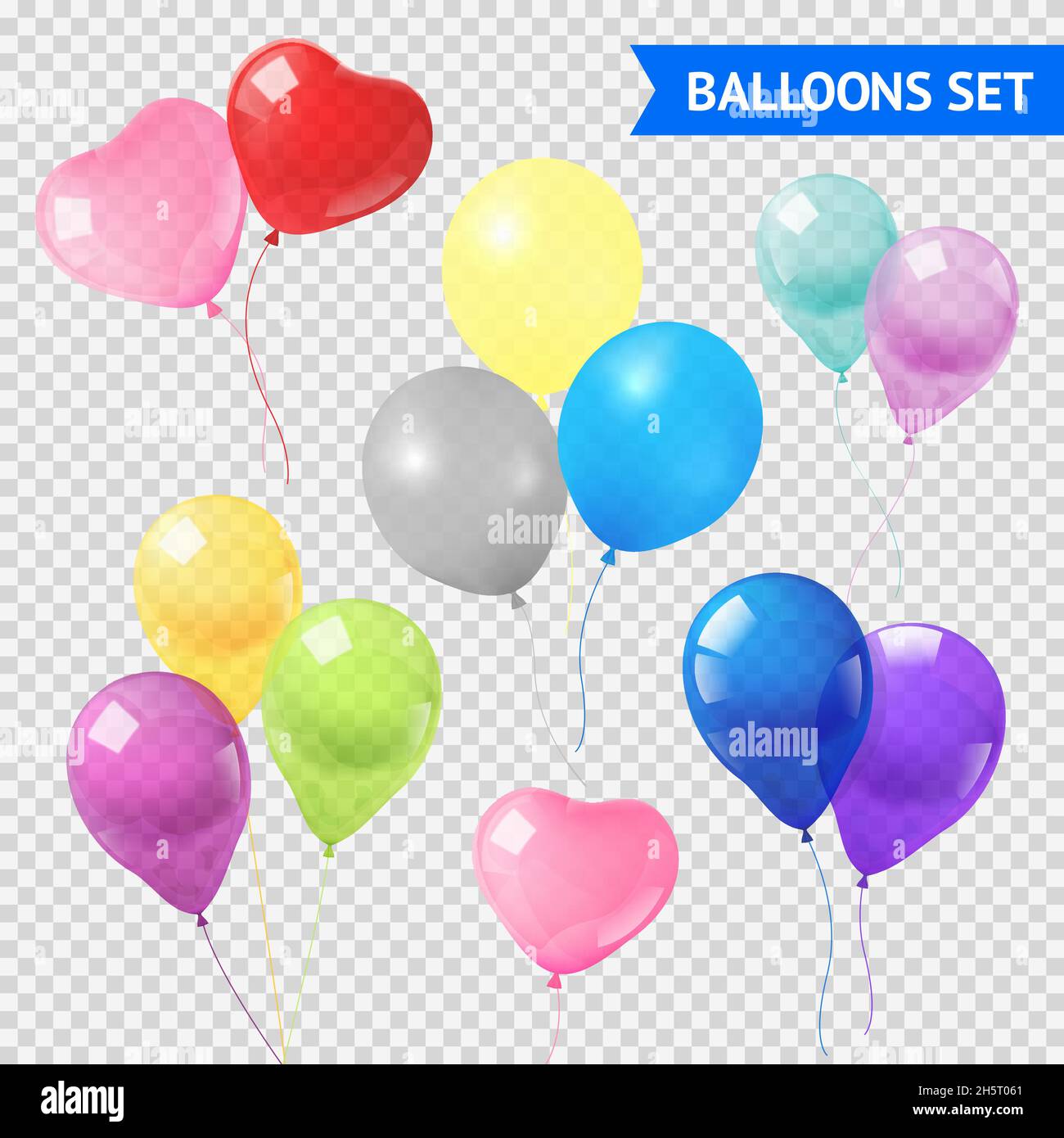 Palloncini d'aria in diverse forme e colori realistici impostato su immagine vettoriale isolata con sfondo trasparente Illustrazione Vettoriale