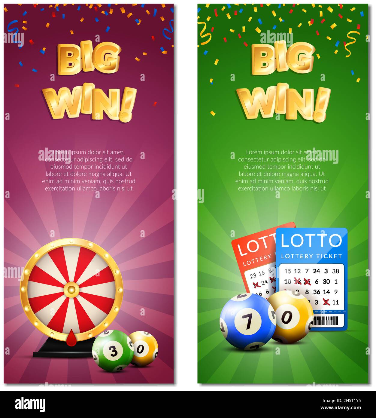 Striscioni verticali in lotteria con immagini decorative di confetti realistici accessori per giochi biglietti per lotterie e immagini vettoriali di testo modificabili Illustrazione Vettoriale