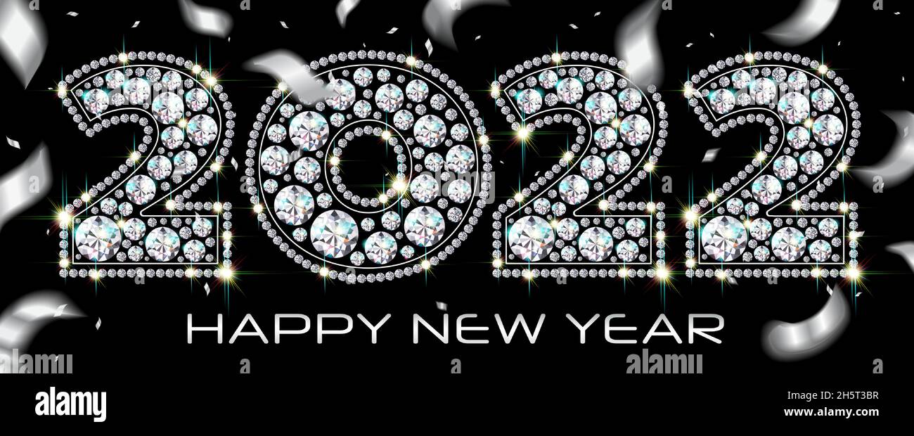 Capodanno 2022 lussuosi numeri di pietre diamantate scintillanti su sfondo di confetti color argento cadenti. Sfondo nero, vettore illus Illustrazione Vettoriale