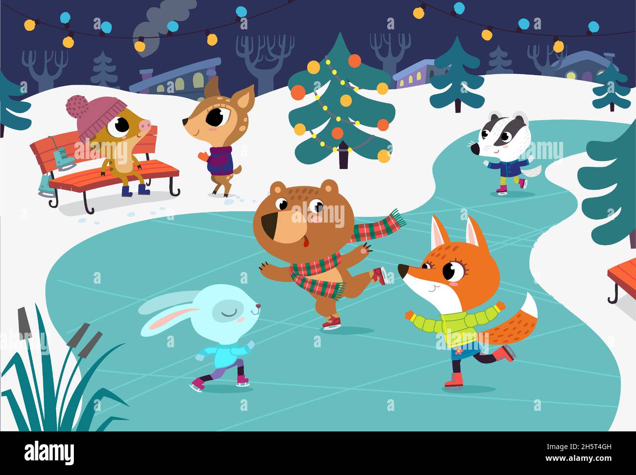 Cute animali del bambino pattinare sul fiume congelato. I bambini si divertono in inverno. La volpe, il coniglio, il badger e l'orso si divertono nella pista di pattinaggio su ghiaccio. Vacanze invernali Illustrazione Vettoriale