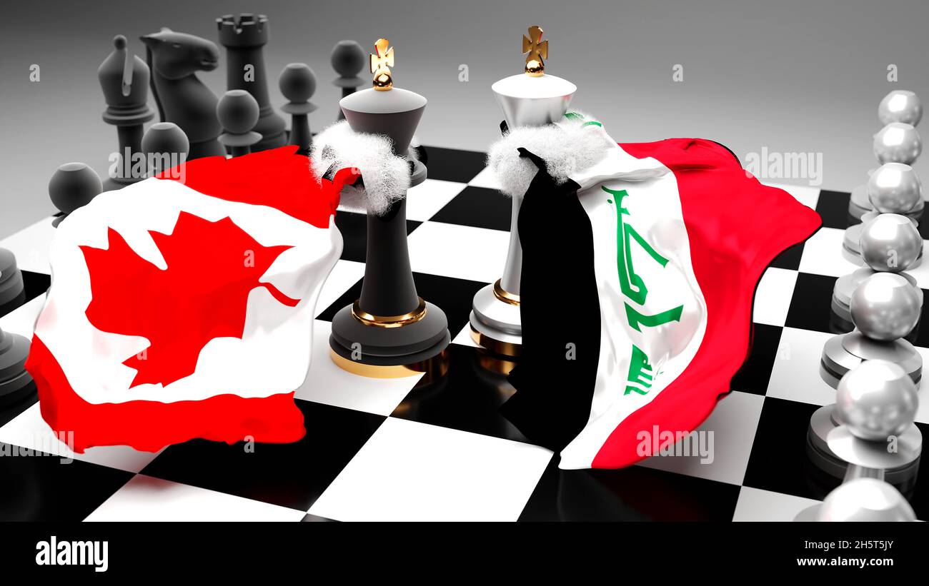 Canada Iraq crisi, scontro, conflitto e dibattito tra questi due paesi che mirano a un accordo commerciale o dominio simbolizzato da un gioco di scacchi con nati Foto Stock