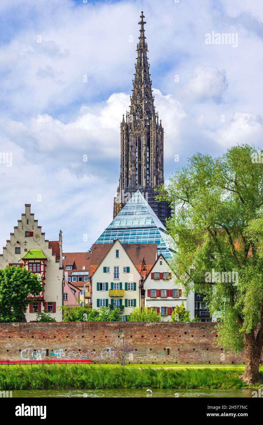Ulm, Baden-Württemberg, Germania - 16 maggio 2014: Le case storiche del quartiere dei pescatori, le mura della città vecchia, la Torre Pendente e la Minster. Foto Stock