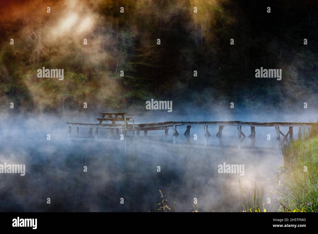 Nebbia inghiottito molo sul lago Foto Stock