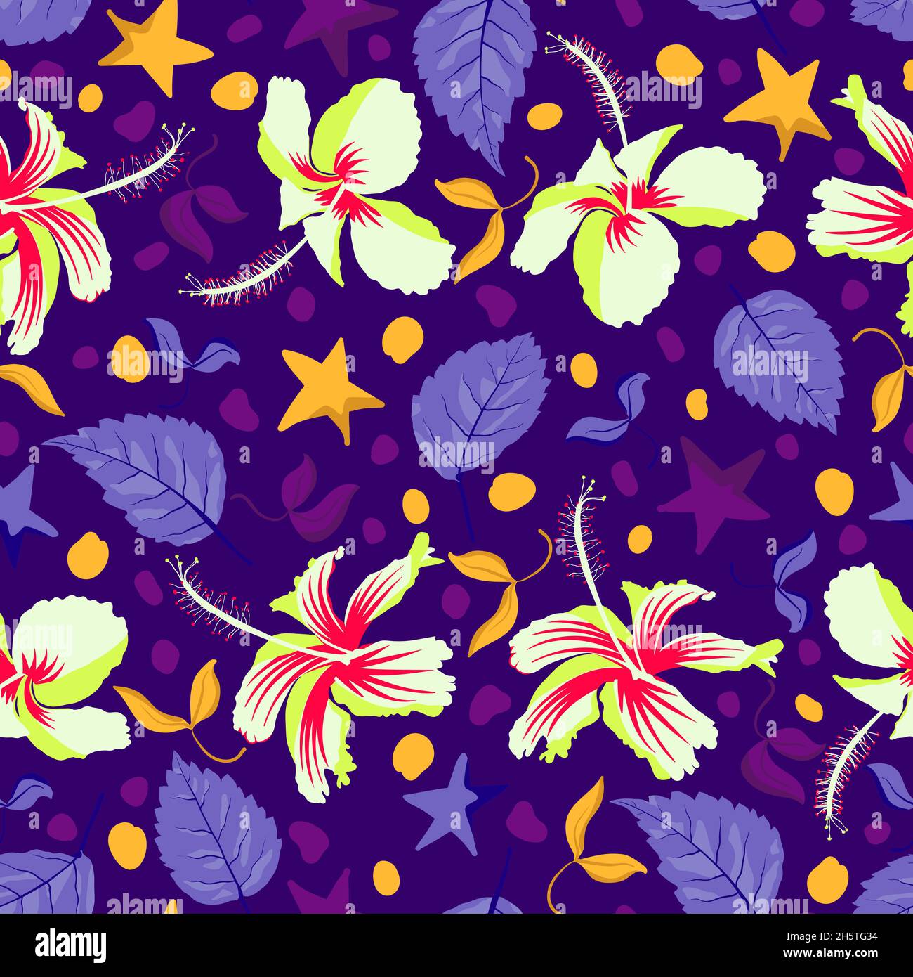 Tropical senza giunture scaricabili fioriscono l'arte hawaiana di ibisco. Progettato con molti elementi colorati di fiori e foglie. Ideale per arredamento stile di vita interno, tappezzeria, tappezzeria ecc. Illustrazione Vettoriale