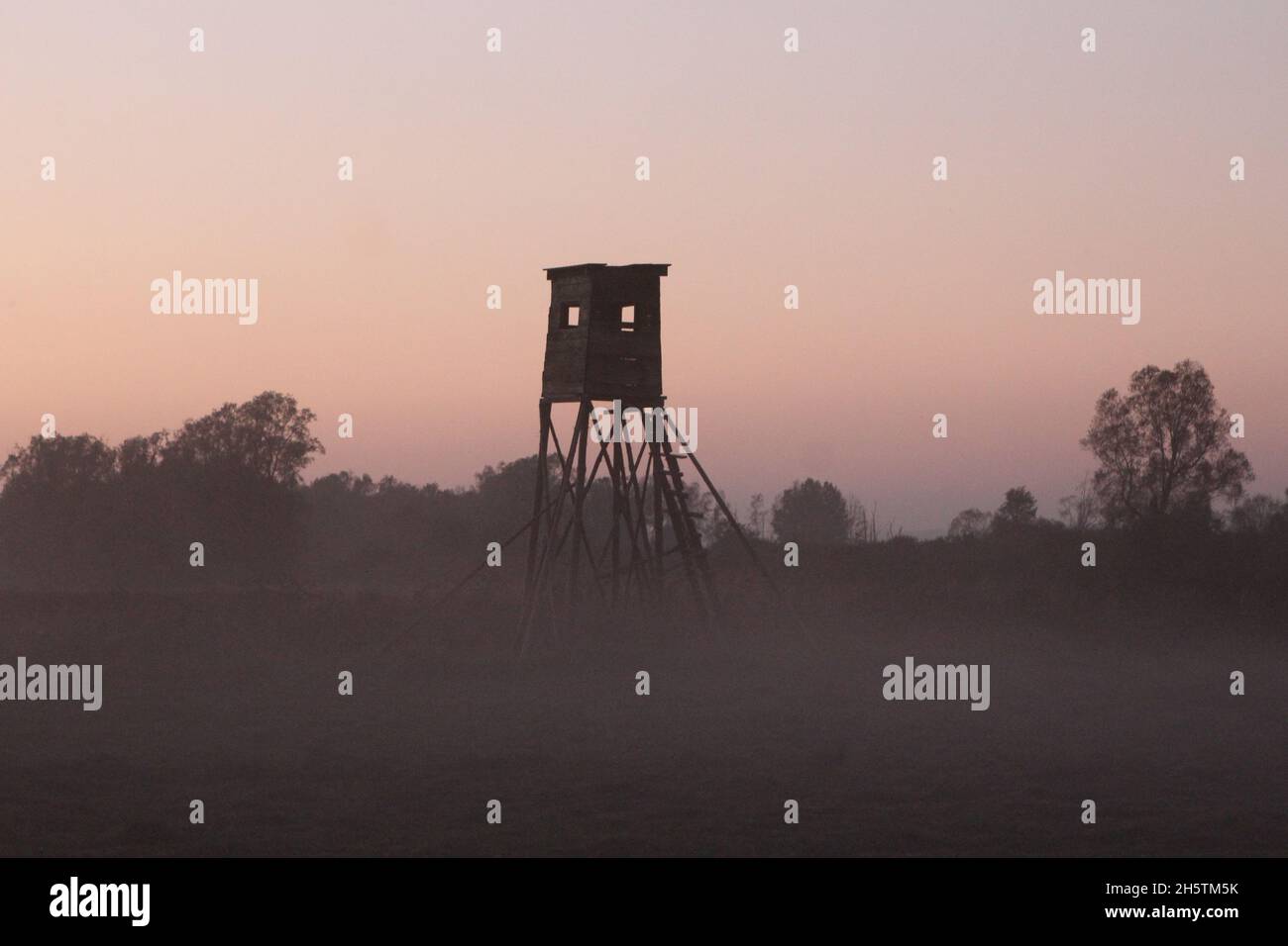 Überdachte Ansitzeinrichtung als Hochsitz (Ansitz) aus Holz zur Jagdausübung auf einem Feld im Nebel in der rötlichen Abenddämmerung. Rügen. Foto Stock